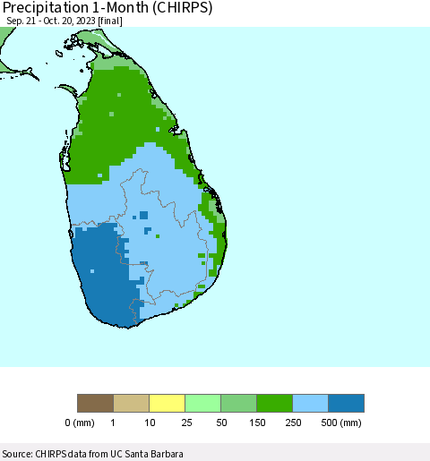 Sri Lanka Precipitation 1-Month (CHIRPS) Thematic Map For 9/21/2023 - 10/20/2023