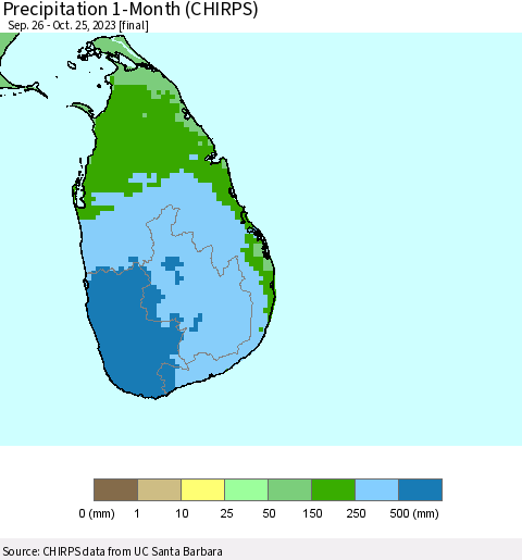 Sri Lanka Precipitation 1-Month (CHIRPS) Thematic Map For 9/26/2023 - 10/25/2023