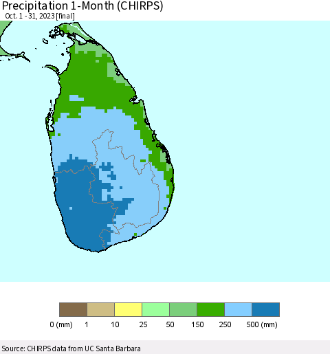 Sri Lanka Precipitation 1-Month (CHIRPS) Thematic Map For 10/1/2023 - 10/31/2023