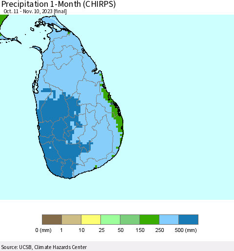 Sri Lanka Precipitation 1-Month (CHIRPS) Thematic Map For 10/11/2023 - 11/10/2023
