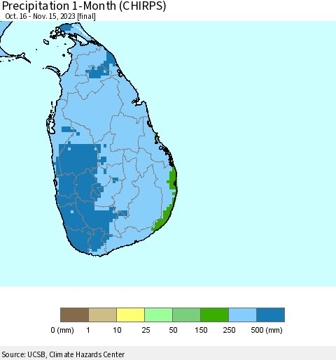 Sri Lanka Precipitation 1-Month (CHIRPS) Thematic Map For 10/16/2023 - 11/15/2023