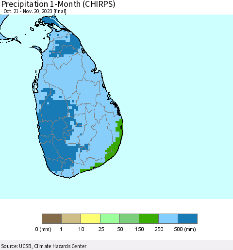 Sri Lanka Precipitation 1-Month (CHIRPS) Thematic Map For 10/21/2023 - 11/20/2023