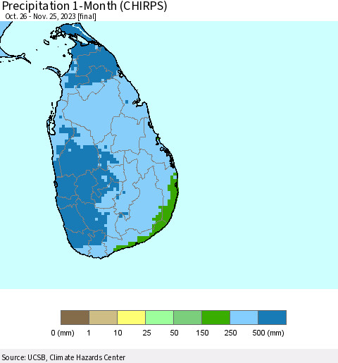 Sri Lanka Precipitation 1-Month (CHIRPS) Thematic Map For 10/26/2023 - 11/25/2023