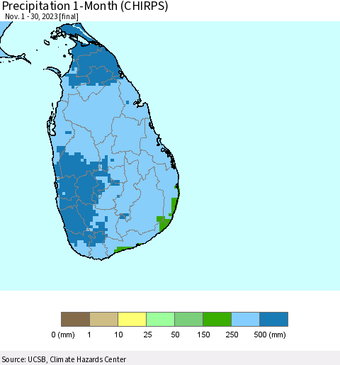 Sri Lanka Precipitation 1-Month (CHIRPS) Thematic Map For 11/1/2023 - 11/30/2023