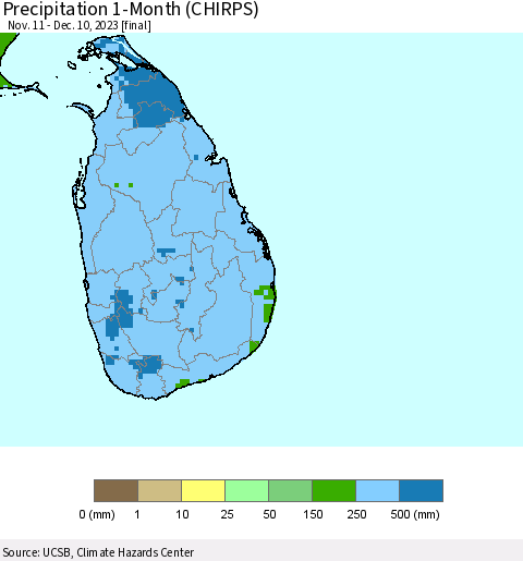 Sri Lanka Precipitation 1-Month (CHIRPS) Thematic Map For 11/11/2023 - 12/10/2023
