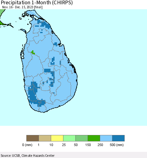 Sri Lanka Precipitation 1-Month (CHIRPS) Thematic Map For 11/16/2023 - 12/15/2023