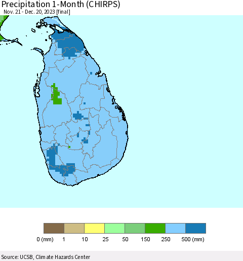 Sri Lanka Precipitation 1-Month (CHIRPS) Thematic Map For 11/21/2023 - 12/20/2023
