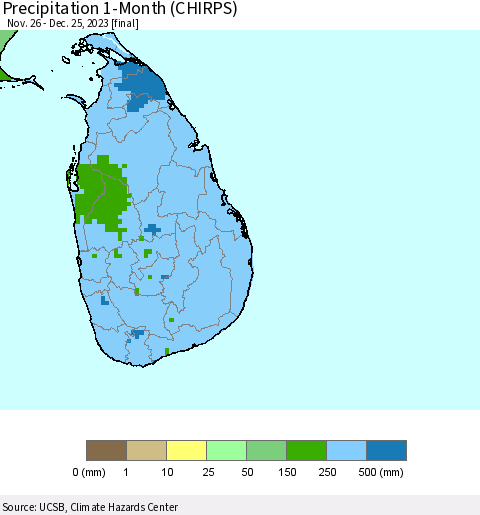 Sri Lanka Precipitation 1-Month (CHIRPS) Thematic Map For 11/26/2023 - 12/25/2023