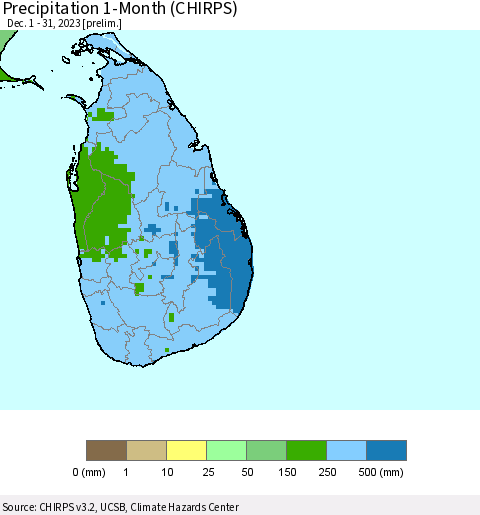 Sri Lanka Precipitation 1-Month (CHIRPS) Thematic Map For 12/1/2023 - 12/31/2023