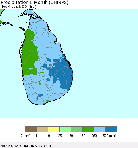 Sri Lanka Precipitation 1-Month (CHIRPS) Thematic Map For 12/6/2023 - 1/5/2024