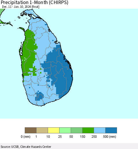 Sri Lanka Precipitation 1-Month (CHIRPS) Thematic Map For 12/11/2023 - 1/10/2024