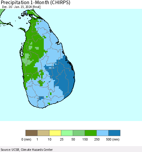 Sri Lanka Precipitation 1-Month (CHIRPS) Thematic Map For 12/16/2023 - 1/15/2024
