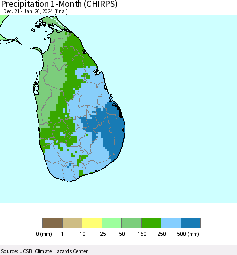 Sri Lanka Precipitation 1-Month (CHIRPS) Thematic Map For 12/21/2023 - 1/20/2024
