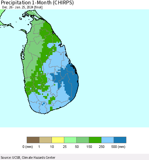Sri Lanka Precipitation 1-Month (CHIRPS) Thematic Map For 12/26/2023 - 1/25/2024