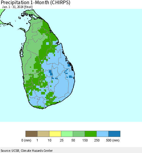 Sri Lanka Precipitation 1-Month (CHIRPS) Thematic Map For 1/1/2024 - 1/31/2024