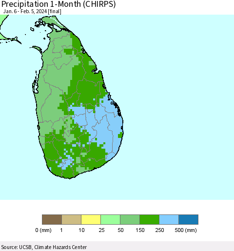 Sri Lanka Precipitation 1-Month (CHIRPS) Thematic Map For 1/6/2024 - 2/5/2024