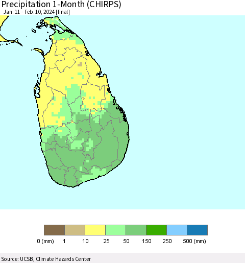 Sri Lanka Precipitation 1-Month (CHIRPS) Thematic Map For 1/11/2024 - 2/10/2024