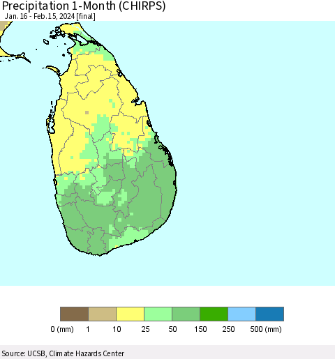 Sri Lanka Precipitation 1-Month (CHIRPS) Thematic Map For 1/16/2024 - 2/15/2024