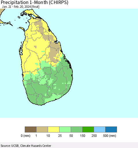 Sri Lanka Precipitation 1-Month (CHIRPS) Thematic Map For 1/21/2024 - 2/20/2024