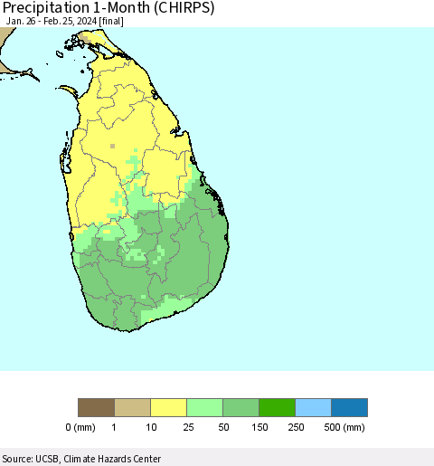 Sri Lanka Precipitation 1-Month (CHIRPS) Thematic Map For 1/26/2024 - 2/25/2024