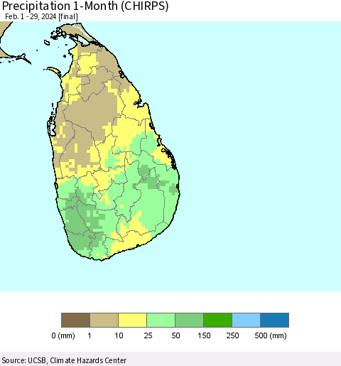 Sri Lanka Precipitation 1-Month (CHIRPS) Thematic Map For 2/1/2024 - 2/29/2024