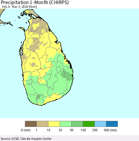 Sri Lanka Precipitation 1-Month (CHIRPS) Thematic Map For 2/6/2024 - 3/5/2024