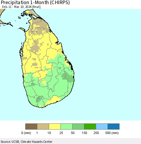 Sri Lanka Precipitation 1-Month (CHIRPS) Thematic Map For 2/11/2024 - 3/10/2024