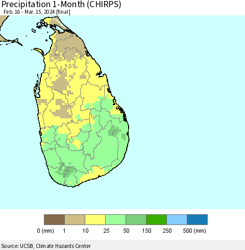 Sri Lanka Precipitation 1-Month (CHIRPS) Thematic Map For 2/16/2024 - 3/15/2024