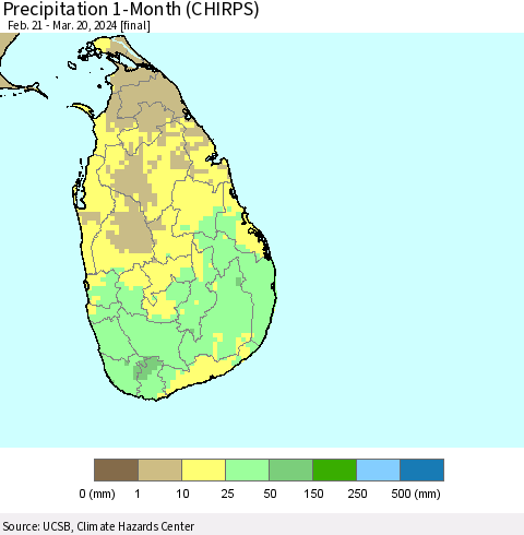 Sri Lanka Precipitation 1-Month (CHIRPS) Thematic Map For 2/21/2024 - 3/20/2024
