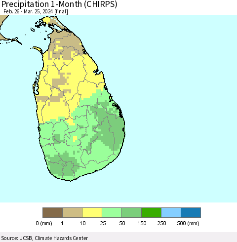 Sri Lanka Precipitation 1-Month (CHIRPS) Thematic Map For 2/26/2024 - 3/25/2024