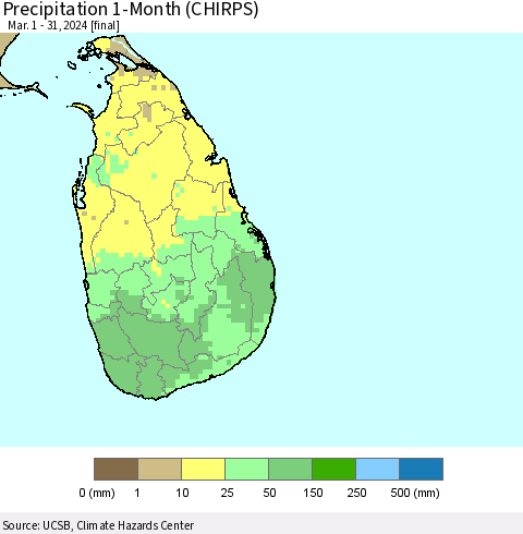 Sri Lanka Precipitation 1-Month (CHIRPS) Thematic Map For 3/1/2024 - 3/31/2024