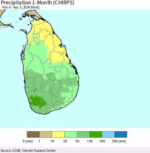 Sri Lanka Precipitation 1-Month (CHIRPS) Thematic Map For 3/6/2024 - 4/5/2024