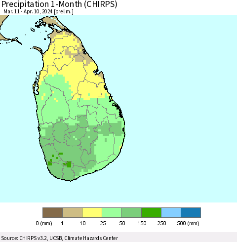 Sri Lanka Precipitation 1-Month (CHIRPS) Thematic Map For 3/11/2024 - 4/10/2024