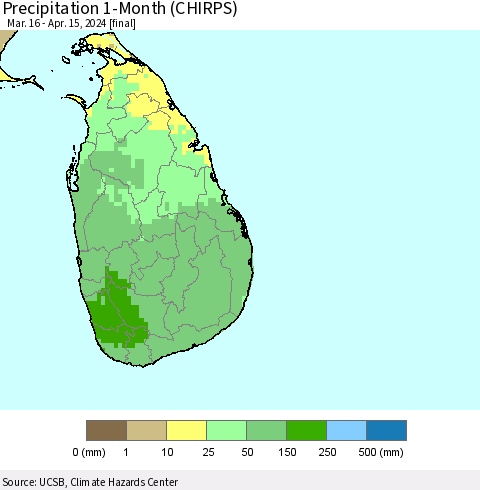 Sri Lanka Precipitation 1-Month (CHIRPS) Thematic Map For 3/16/2024 - 4/15/2024