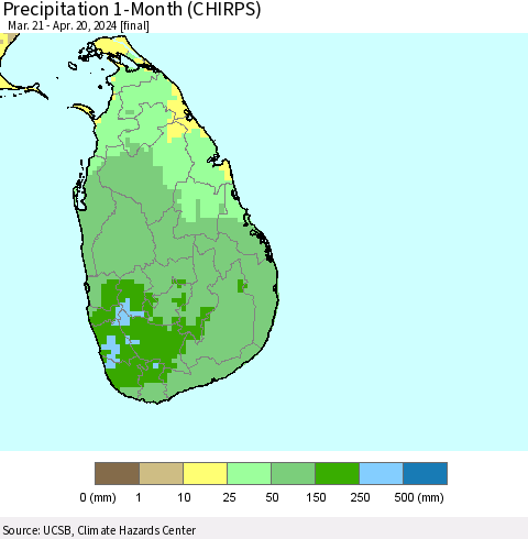 Sri Lanka Precipitation 1-Month (CHIRPS) Thematic Map For 3/21/2024 - 4/20/2024