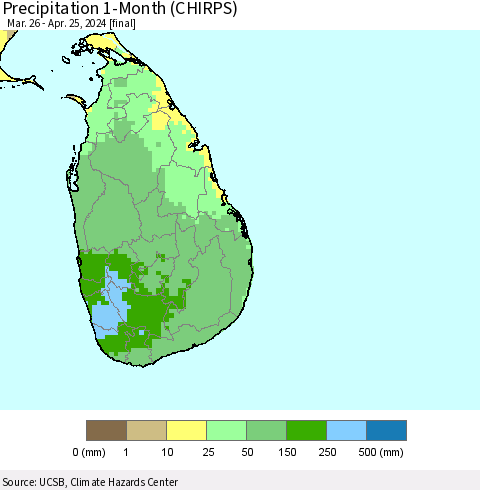 Sri Lanka Precipitation 1-Month (CHIRPS) Thematic Map For 3/26/2024 - 4/25/2024
