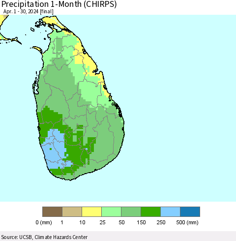 Sri Lanka Precipitation 1-Month (CHIRPS) Thematic Map For 4/1/2024 - 4/30/2024