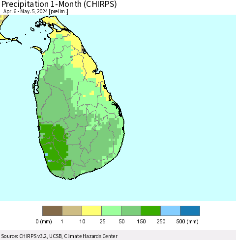 Sri Lanka Precipitation 1-Month (CHIRPS) Thematic Map For 4/6/2024 - 5/5/2024
