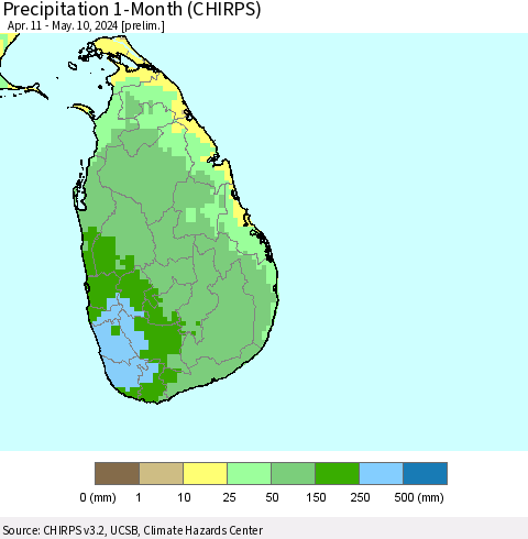 Sri Lanka Precipitation 1-Month (CHIRPS) Thematic Map For 4/11/2024 - 5/10/2024