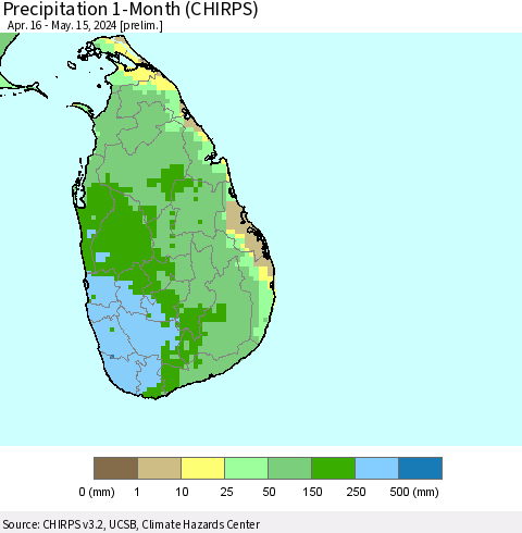 Sri Lanka Precipitation 1-Month (CHIRPS) Thematic Map For 4/16/2024 - 5/15/2024