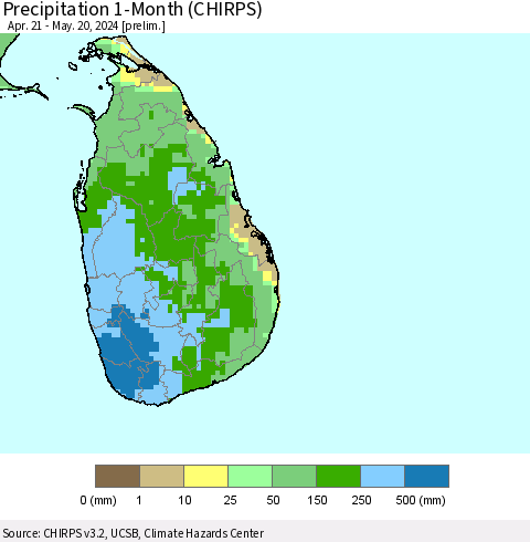 Sri Lanka Precipitation 1-Month (CHIRPS) Thematic Map For 4/21/2024 - 5/20/2024