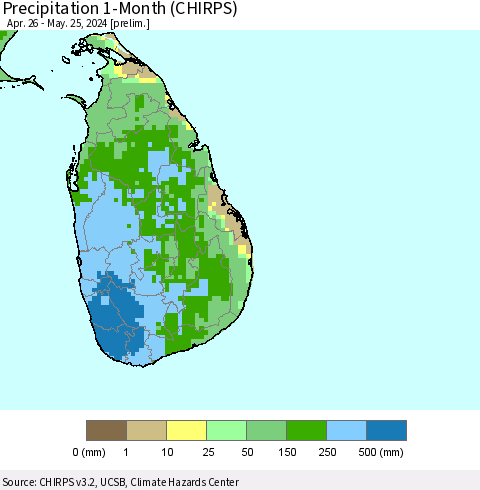 Sri Lanka Precipitation 1-Month (CHIRPS) Thematic Map For 4/26/2024 - 5/25/2024