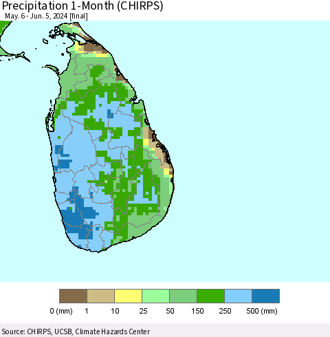 Sri Lanka Precipitation 1-Month (CHIRPS) Thematic Map For 5/6/2024 - 6/5/2024