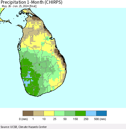 Sri Lanka Precipitation 1-Month (CHIRPS) Thematic Map For 5/26/2024 - 6/25/2024