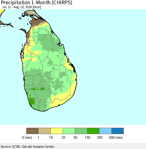 Sri Lanka Precipitation 1-Month (CHIRPS) Thematic Map For 7/11/2024 - 8/10/2024
