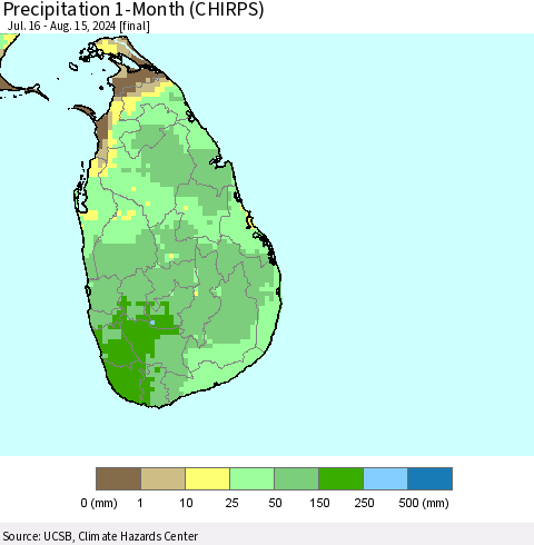 Sri Lanka Precipitation 1-Month (CHIRPS) Thematic Map For 7/16/2024 - 8/15/2024