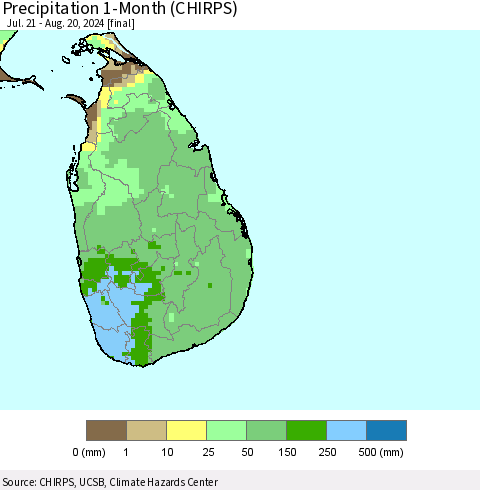 Sri Lanka Precipitation 1-Month (CHIRPS) Thematic Map For 7/21/2024 - 8/20/2024