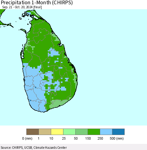 Sri Lanka Precipitation 1-Month (CHIRPS) Thematic Map For 9/21/2024 - 10/20/2024