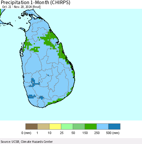 Sri Lanka Precipitation 1-Month (CHIRPS) Thematic Map For 10/21/2024 - 11/20/2024