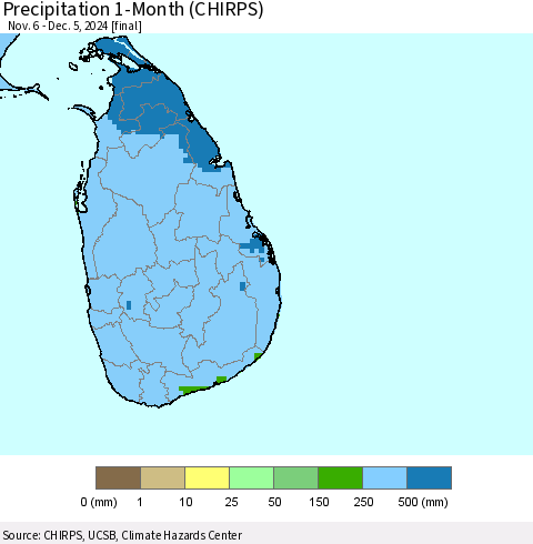 Sri Lanka Precipitation 1-Month (CHIRPS) Thematic Map For 11/6/2024 - 12/5/2024